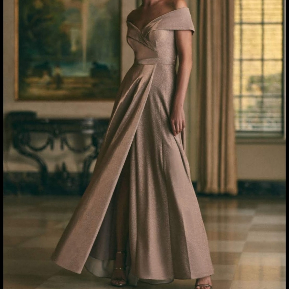 BA NITES Elegant Off Shoulder Evening Gown in Shimmering Blush